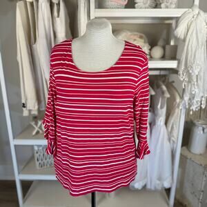 Chico's Women's Size L Pink and White Striped Ruffle Sleeve Blouse #3526